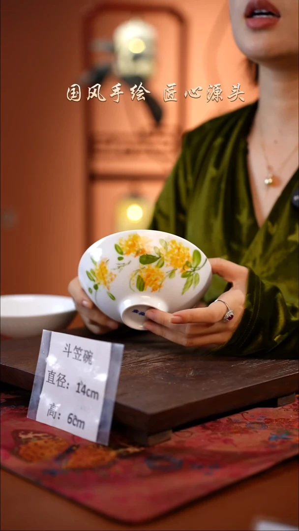 陶瓷景德镇高温釉中彩斗笠碗直径14高6