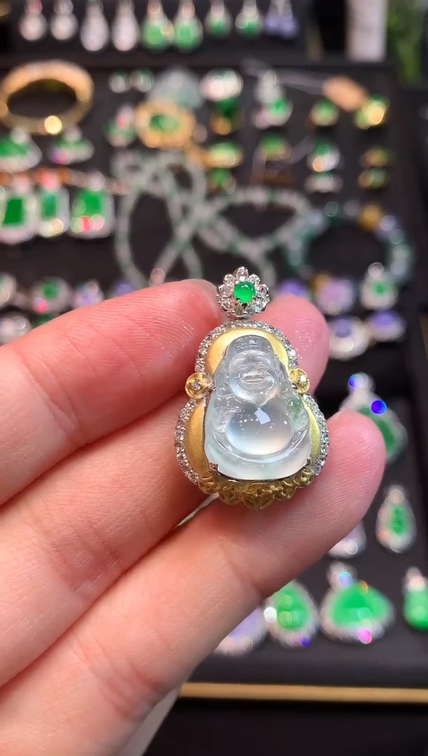 吊坠(赠链)18K金镶嵌翡翠玻璃种飘绿花财神吊坠