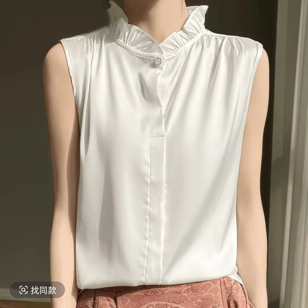 中式醋酸缎面无袖衬衫女内搭白色衬衣背心打底开衫国风木耳领上衣