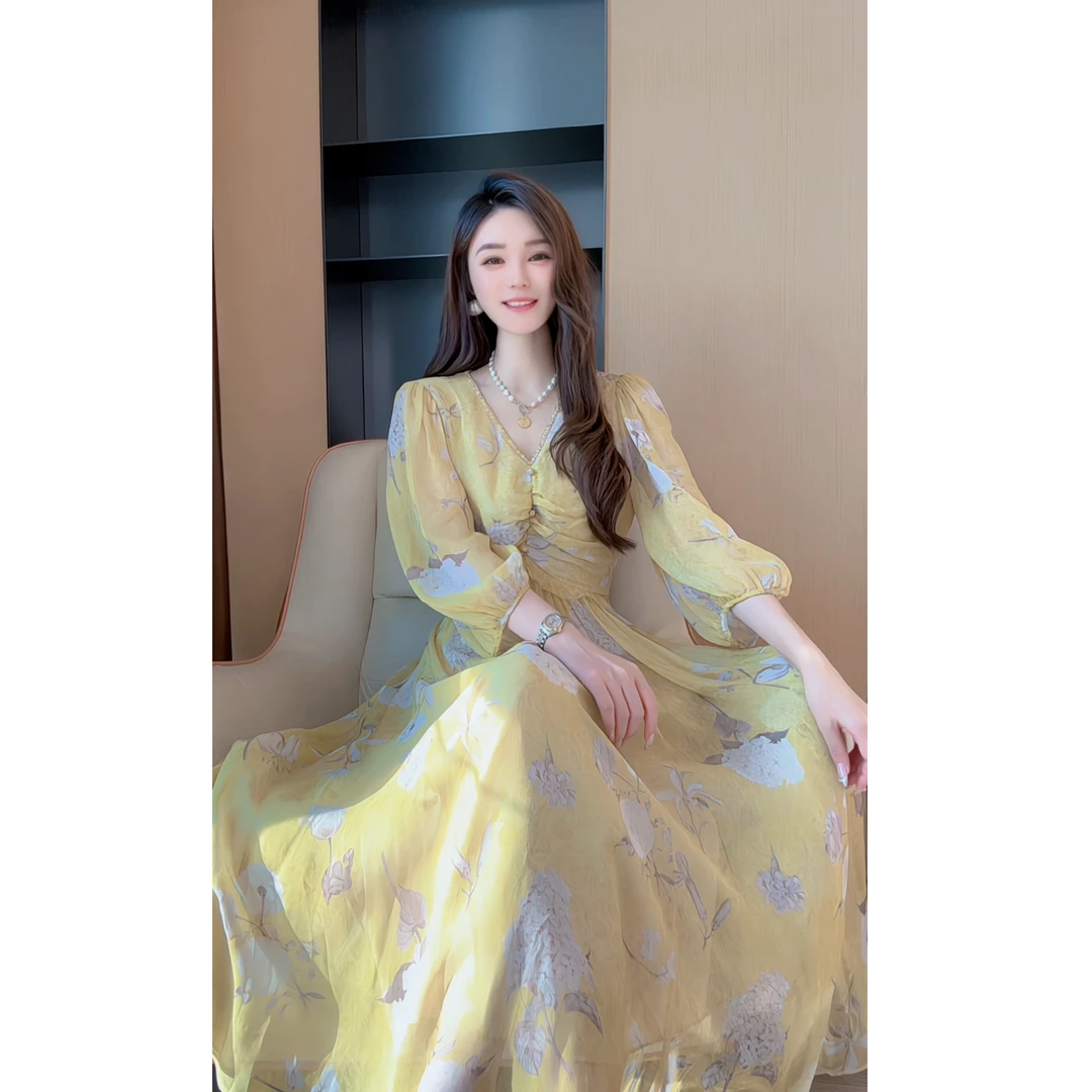 【深圳米熙儿】100%桑蚕丝轻奢印花显瘦收腰裙子连衣裙6022