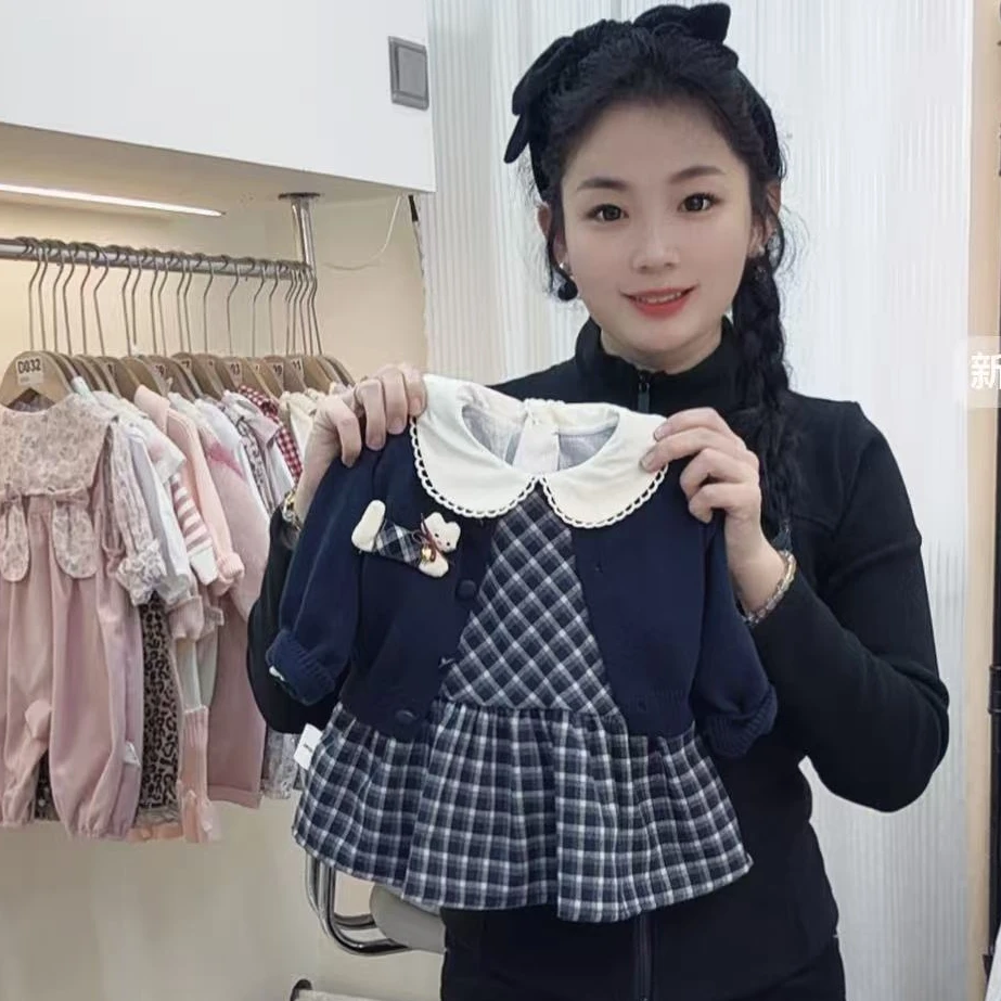 【D119小猫咪格子套装】秋冬季新款婴幼儿包屁裙连体衣组合多款式