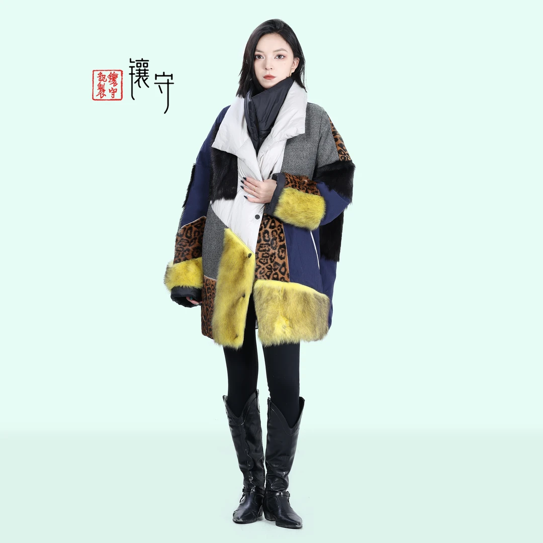 【镶守·藤曼】冬季设计师款轻奢保暖皮毛一体中长款白鹅绒服T25102