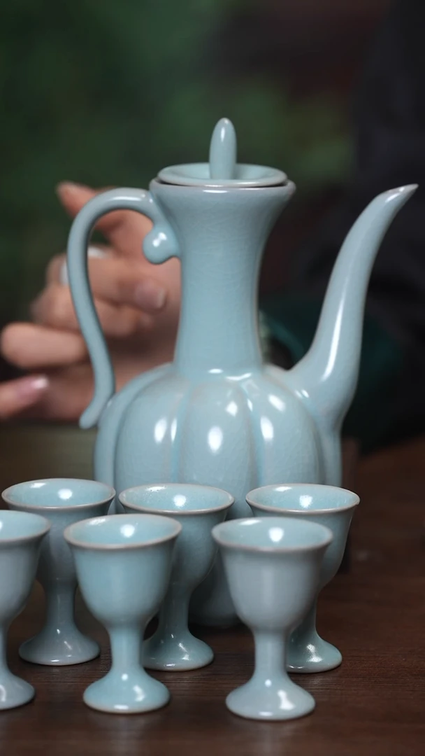 【闪购商品】清凉寺原产地仿古釉手工汝瓷执壶+六杯