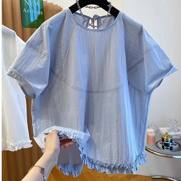 1149韩系纯棉蓝色娃娃衫女夏季新款宽松休闲百搭套头圆领短袖衬衫