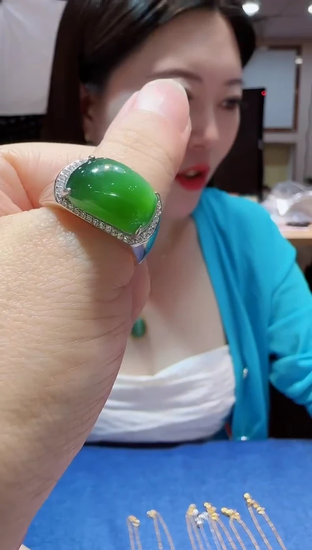 银S925镶嵌戒指和田玉碧玉猫眼马鞍戒指HNZ14113