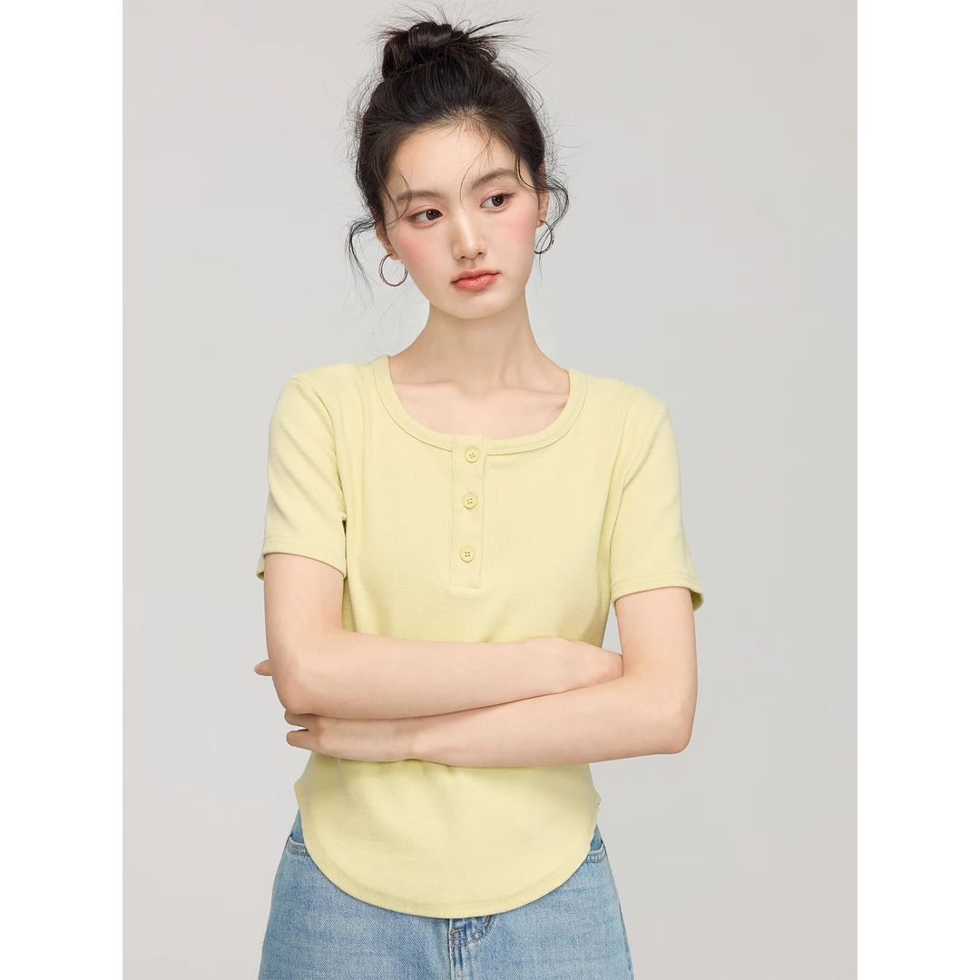 爱蔷薇简约大码女装基础款t恤女短袖正肩2025夏季黄色上衣GT76315