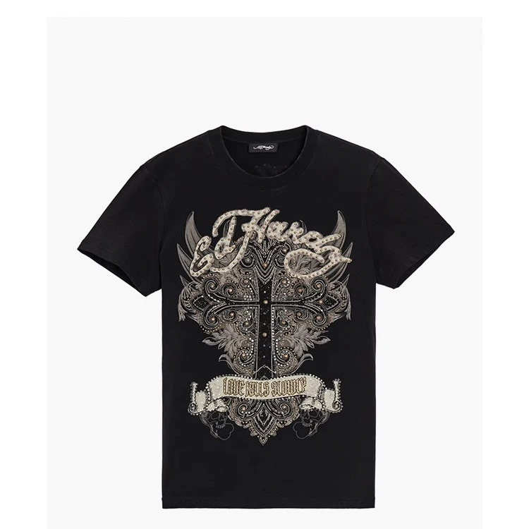 EdHardy埃德哈迪新款轻奢痞帅烫钻十字架t恤短袖T恤E1QBM095