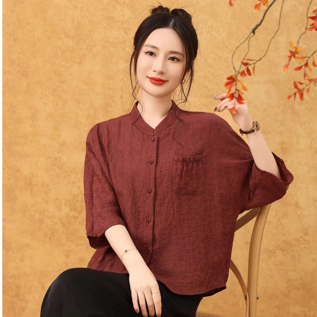 快创【朱褐悠韵上衣】夏季 女中妈妈夏装 老年中袖薄款夏天衣服国风