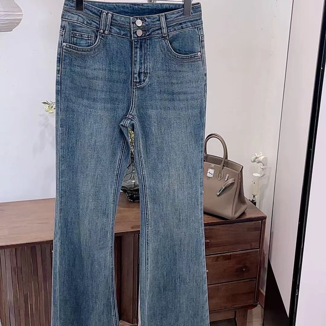 牛仔裤-123225高腰双扣毛边微喇