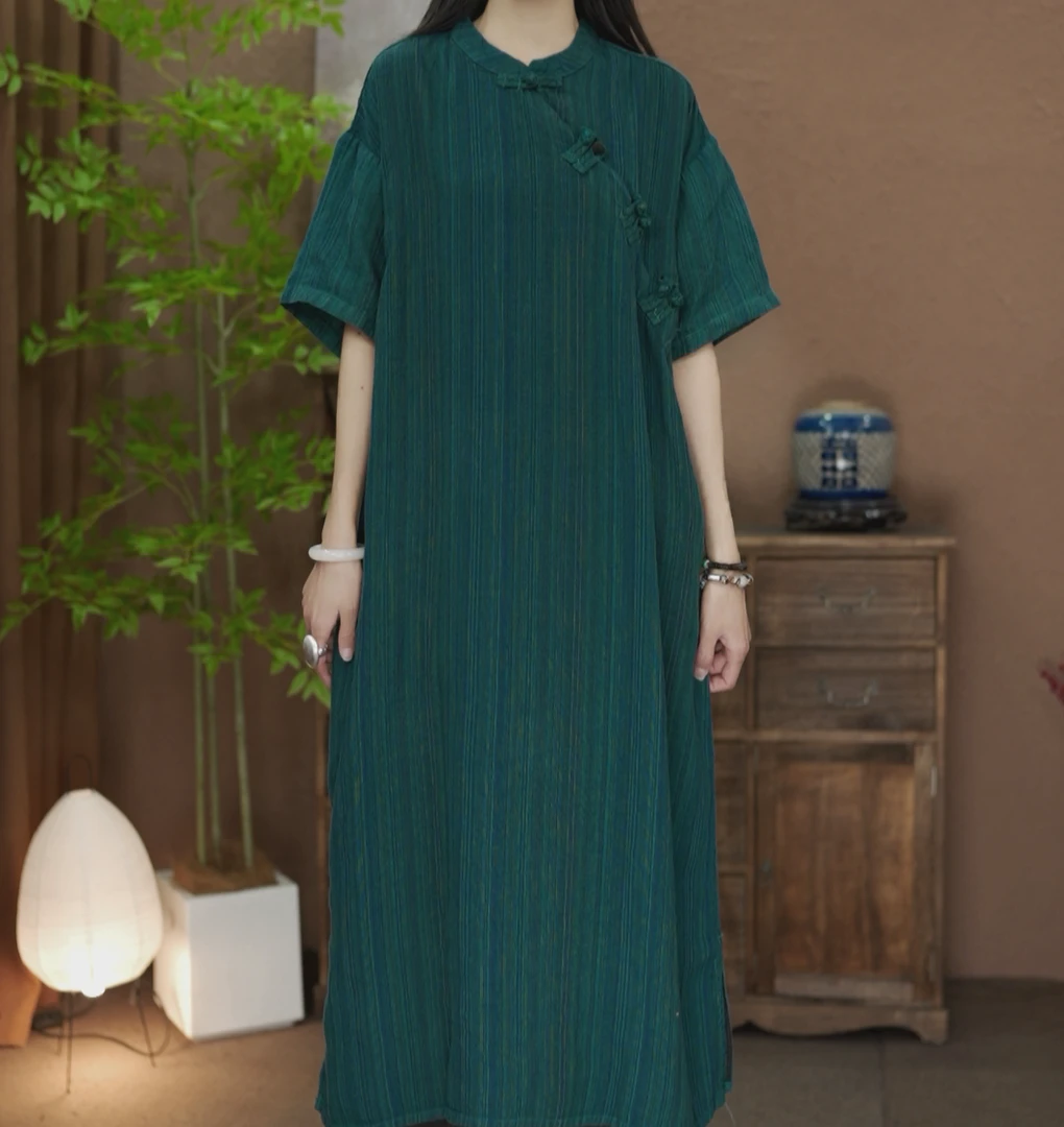 【原制原味】新款66398色织亚麻舒适时尚夏季女士斜襟中长款袍子