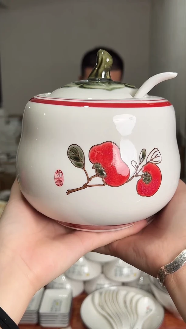 顺祥釉下小号猪油罐（柿柿如意）