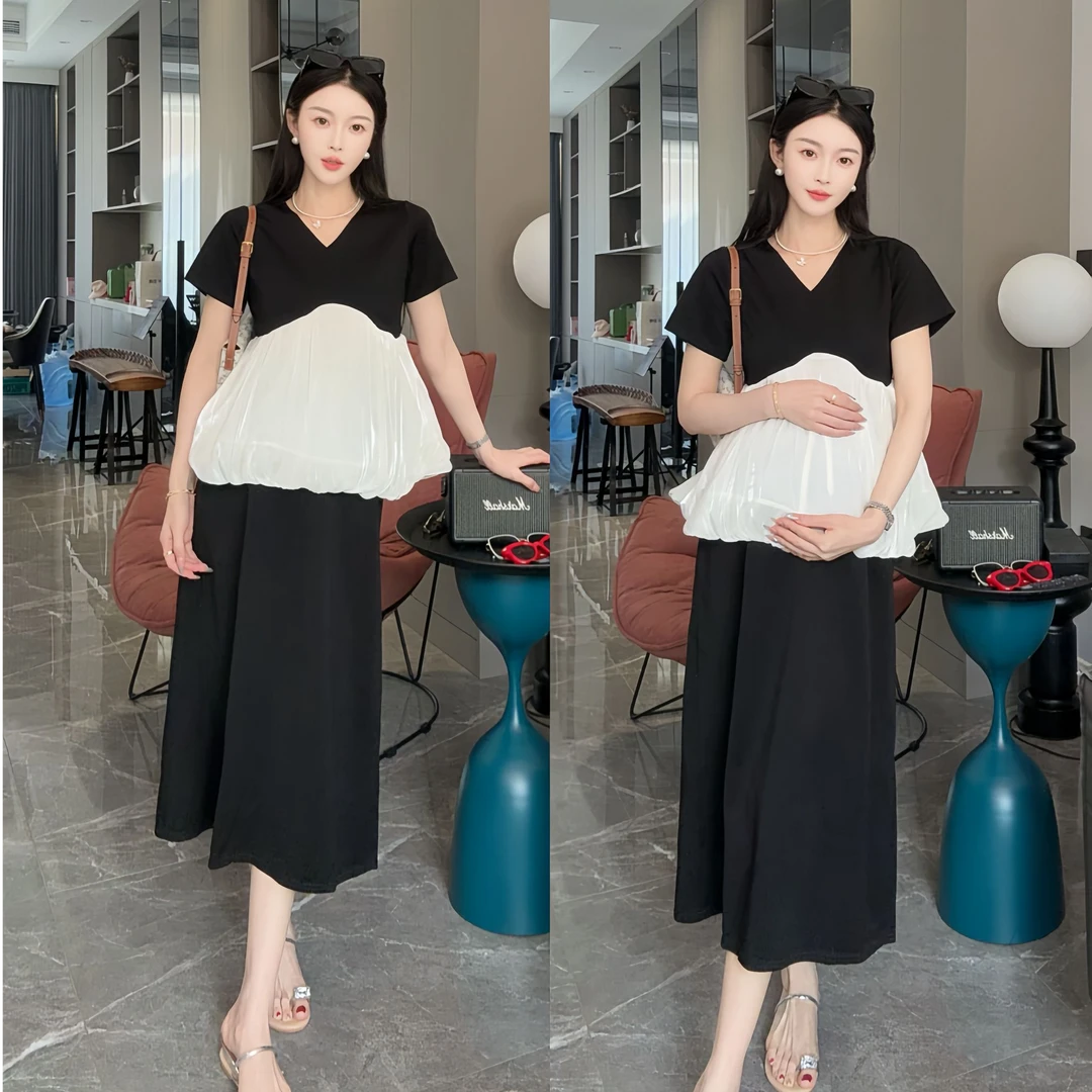 2025年时尚宽松显瘦遮肚新款气质设计感撞色上衣+半身裙孕妇套装