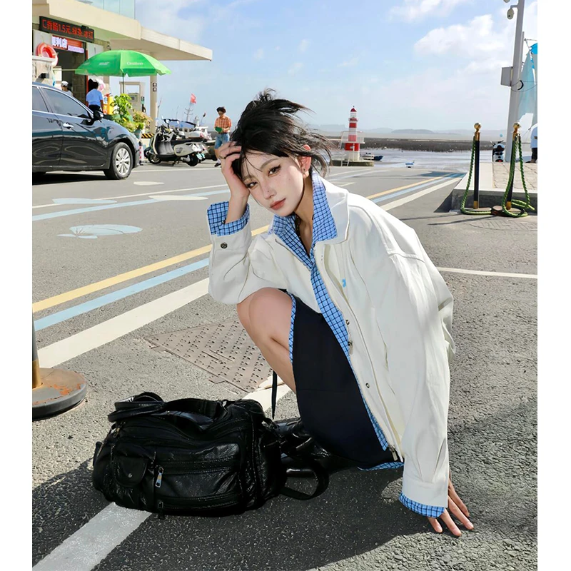 慵懒风撞色翻领蓝格子拼接假两件外套女春季爆款减龄百搭夹克上衣