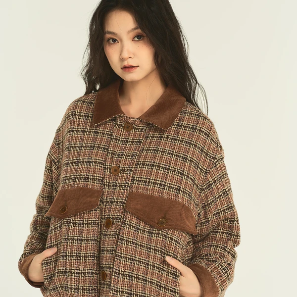 「男女同款」蓝布屋小时代羊毛格纹呢子夹克棉服外套TKBLCOT803