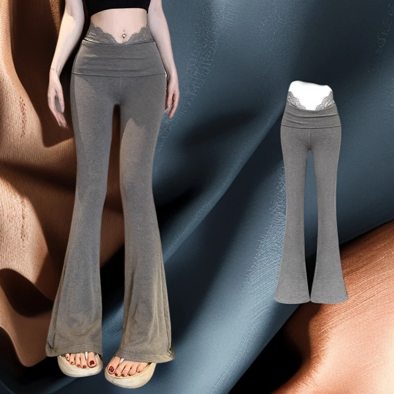 【轻奢甄选】蕾丝拼接高腰修身瑜伽喇叭裤女士夏季薄款垂感微喇休闲