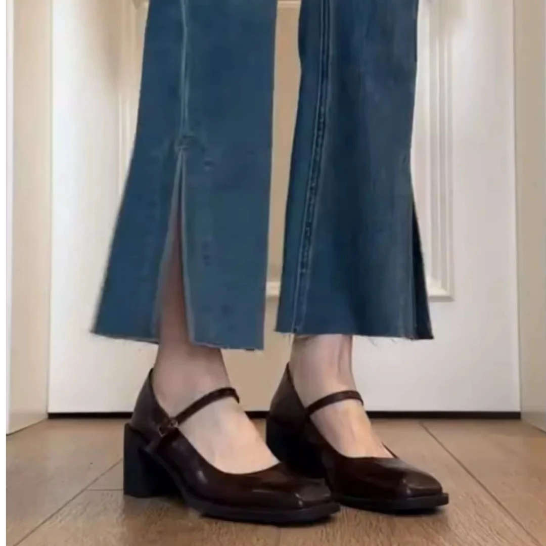 跟高法式方头浅口一字扣玛丽珍女鞋学院风复古粗跟单鞋高跟鞋女