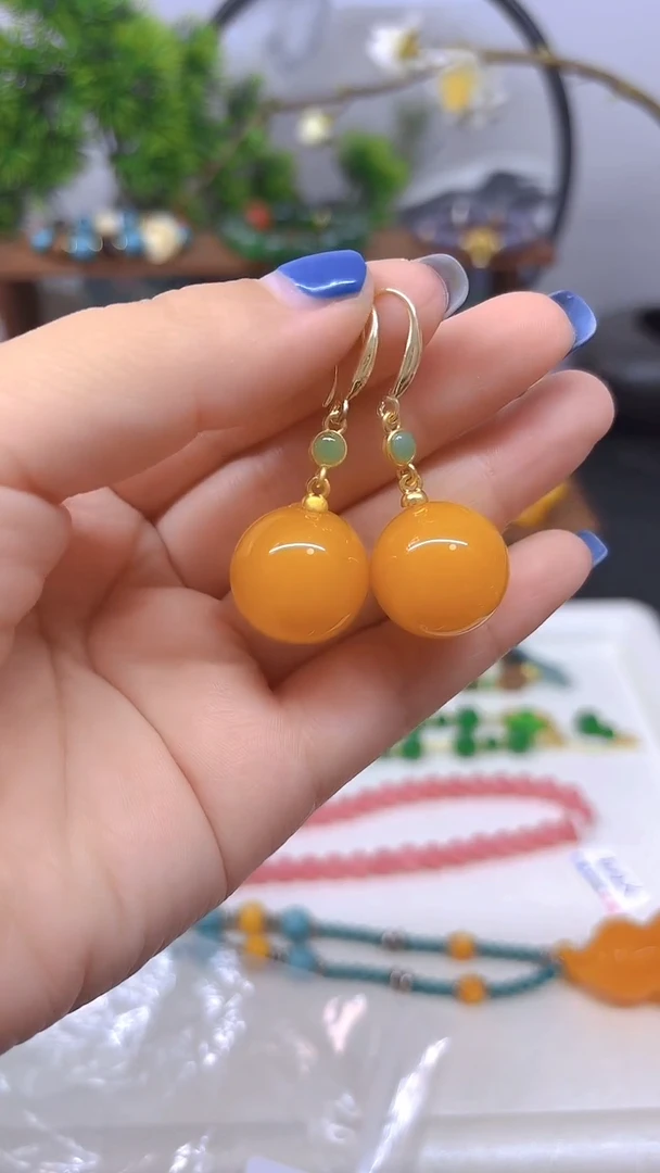 蜜蜡14K金镶嵌耳饰E893