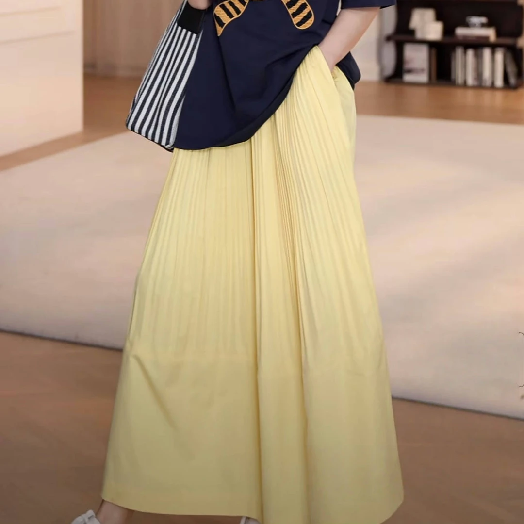 设计感气质松紧腰头压褶多巴胺半身裙女2025夏季新款百搭中长裙