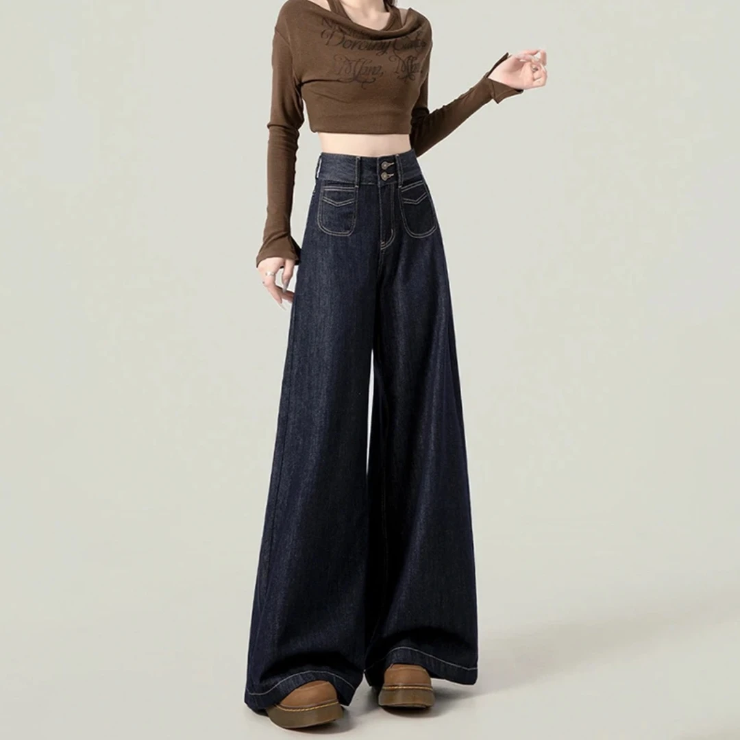 天一~早春新款垂感牛仔裤时尚女高腰双扣显瘦阔腿裤女9697