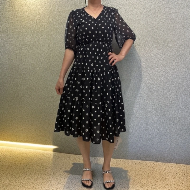 夏季新款碎花褶皱蛋糕大摆奢华长款连衣裙