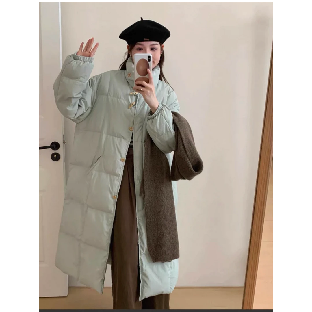 「GDX  ins潮简约百搭牛角扣长款立领加厚保暖外套」