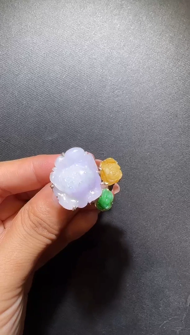 翡翠戒指银S925镶嵌三色牡丹花戒指