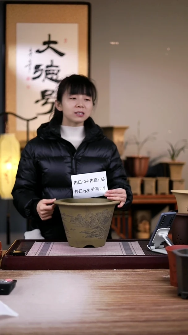 紫砂花盆龙骨青砂刻山水斗笠一只无托