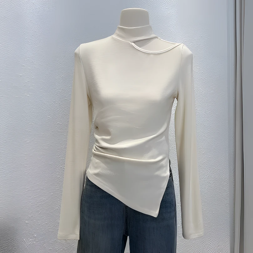 镂空半高领长袖T恤女春秋款修身显瘦辣妹上衣别致独特洋气打底衫