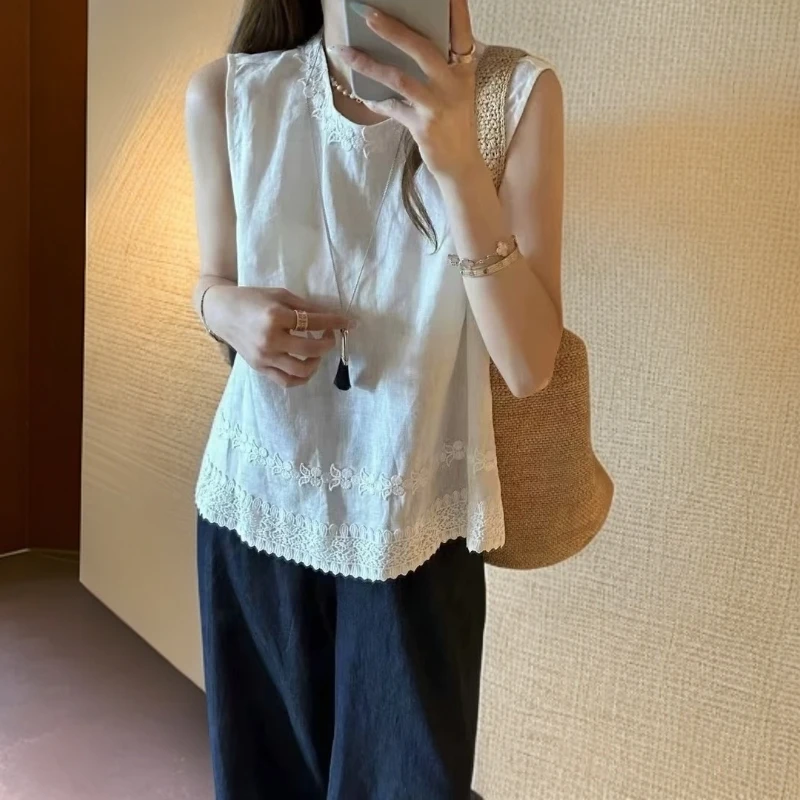 夏季文艺风无袖上衣圆领纯色休闲显瘦上衣简约百搭2537