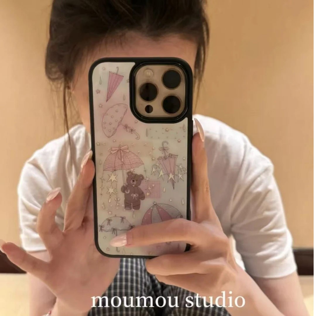 碳纤维鎏金玻璃满屏雨伞小熊适用苹果16pro/iPhone15p/14手机壳13