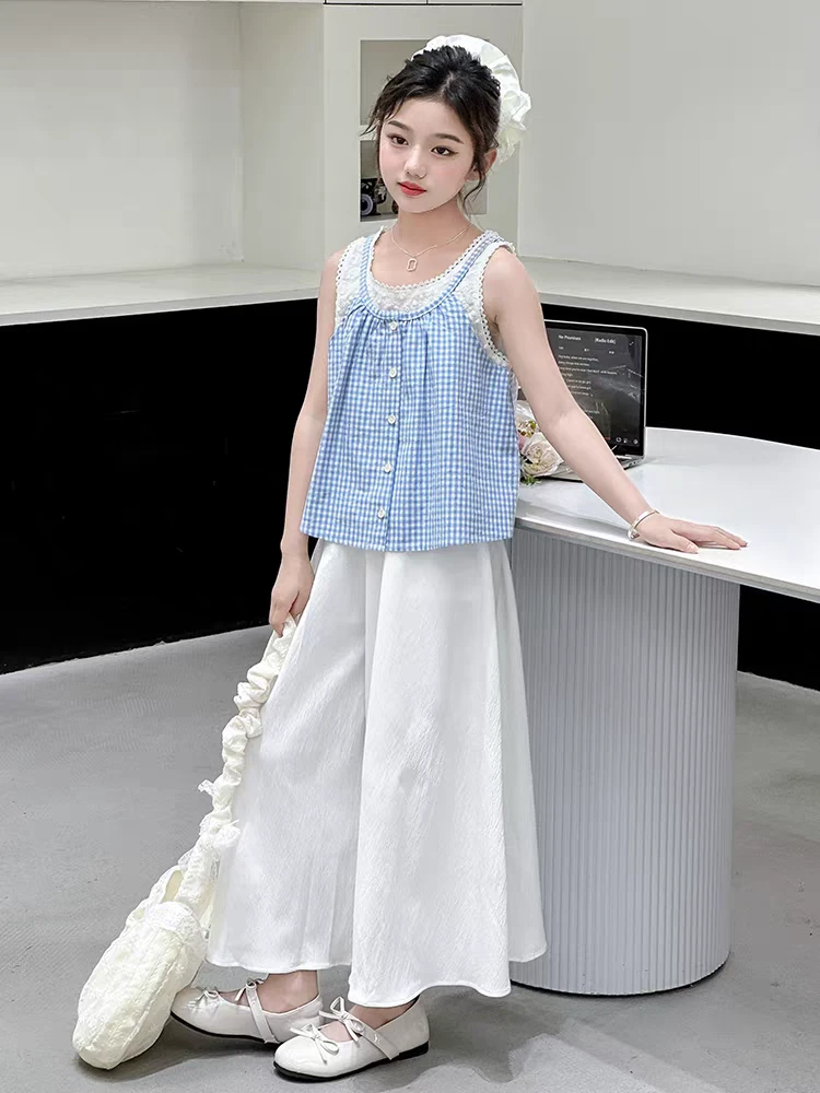 特价清！女童夏季2025儿童宝宝撞色刺绣假两件背心＋白色棉布裤子