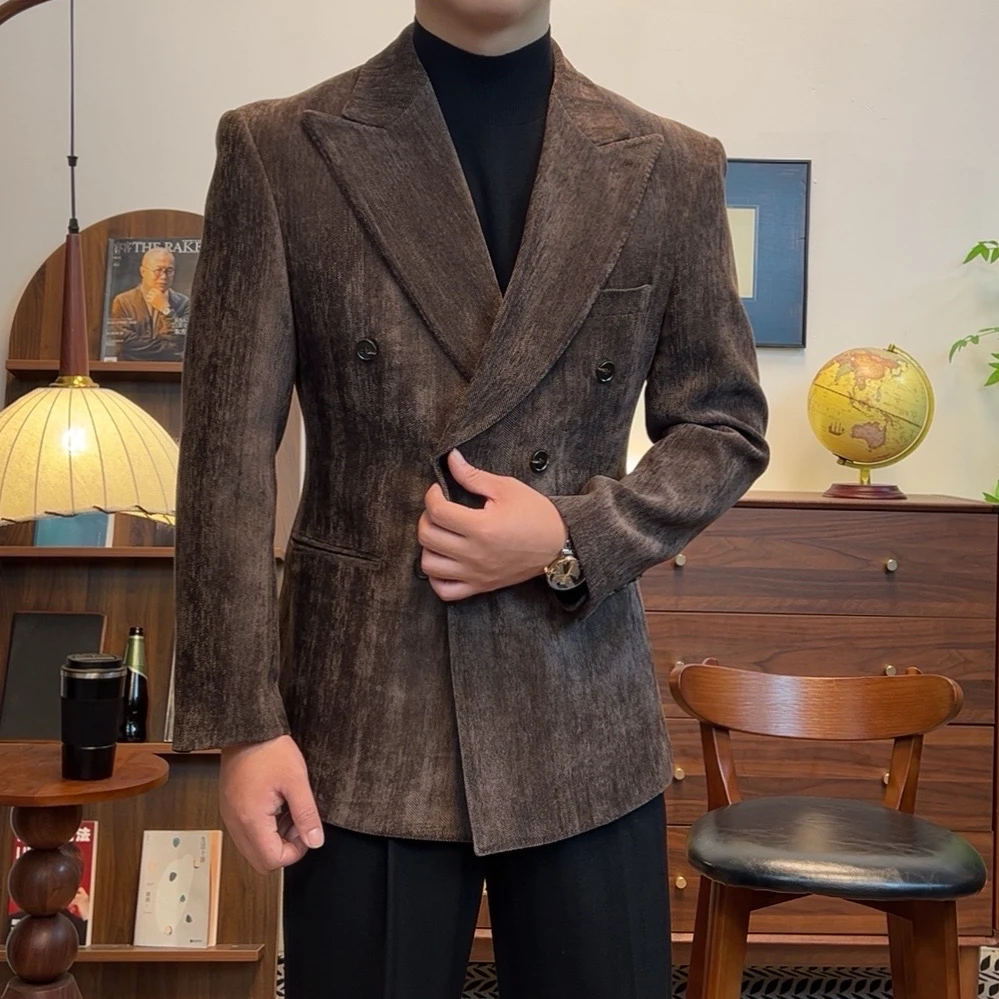 6408正装西服小西装上装秋冬潮流正肩袖长袖双排扣修身提花抓毛