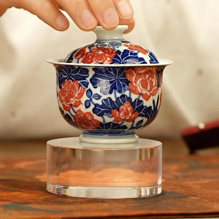 【小乔赏瓷】沐茗古韵青花釉里红荷韵盖碗mmgy471