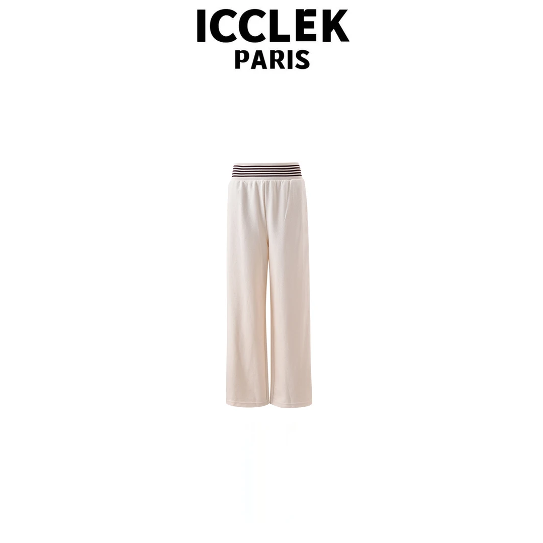 ICCLEK 白色松紧收腰裤子经典休闲宽松百搭通勤显瘦阔腿裤 - 9124