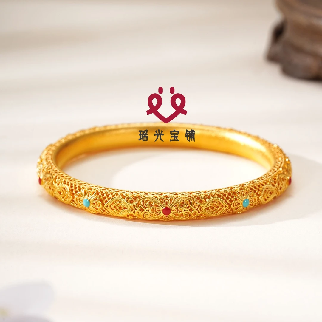 足银珐琅手镯 皇后手镯 国潮宫廷古法镂空花丝复古幸运福花手镯