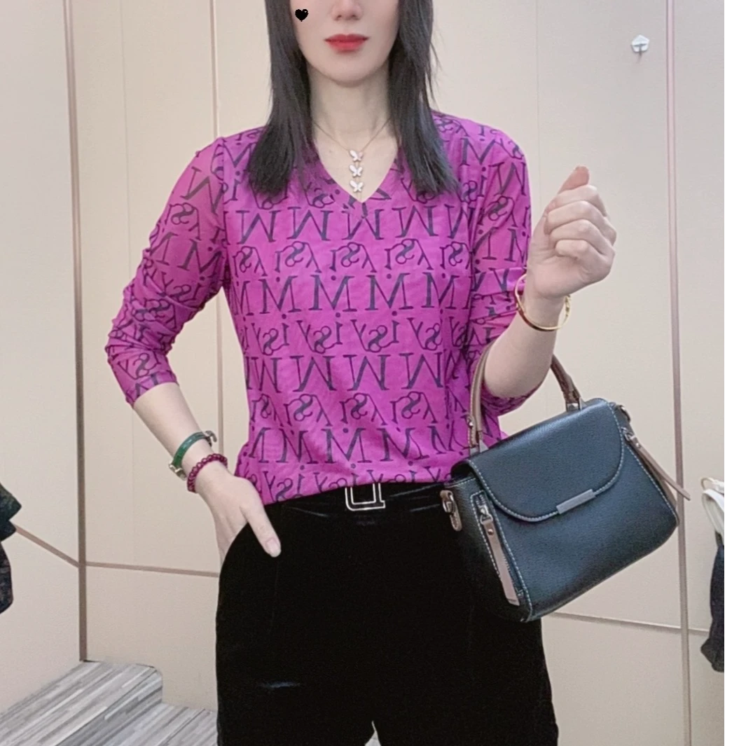 V领宽松T恤女2026春季新款火龙果色琉璃纱肌肤纱打底衫宽松外穿T