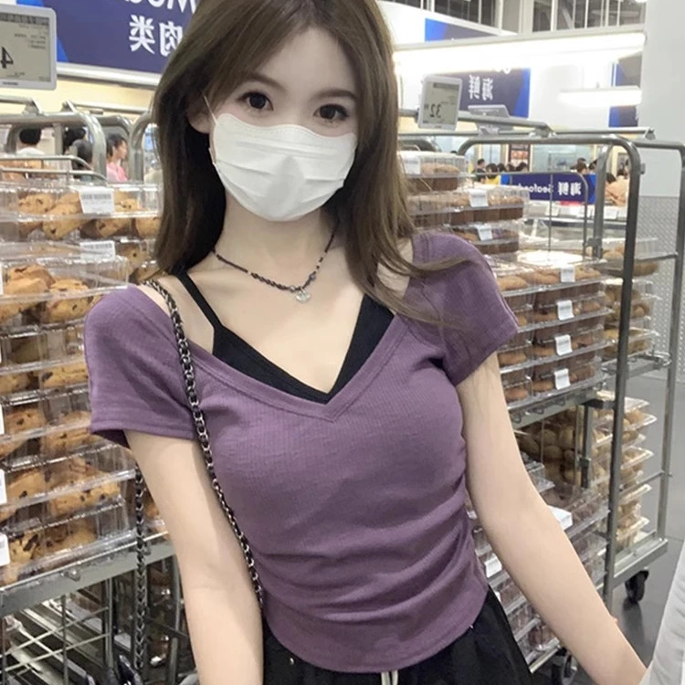 紫色v领假两件针织正肩t恤女夏季性感辣妹纯欲小个子短袖针织上衣