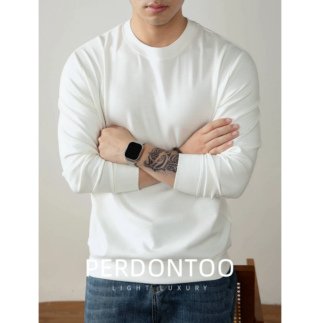 高端莫代尔棉圆领长袖T恤男春秋季纯色打底简约柔滑亲肤百搭上衣