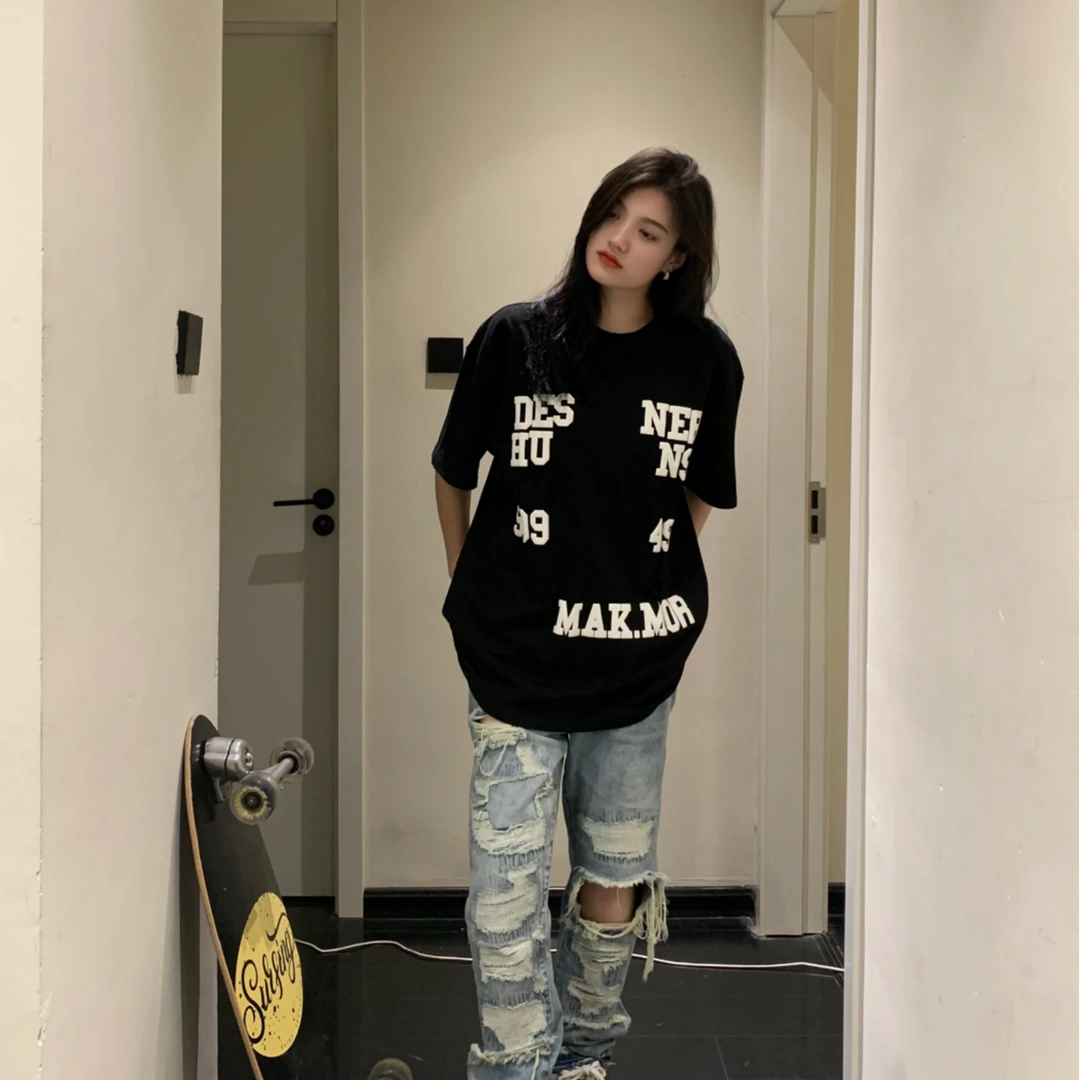 美式街头印花T恤男女夏季重磅纯棉小众INS设计情侣款高街潮牌t恤