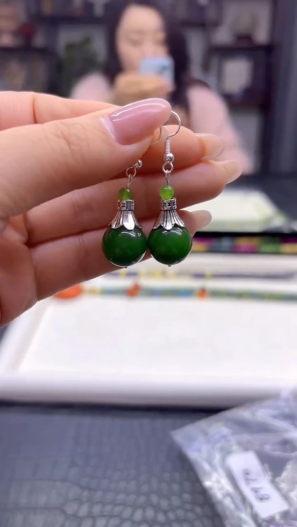 银S925镶嵌和田玉耳饰DIY款E970