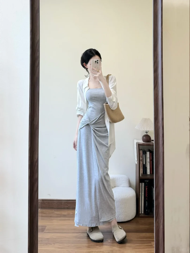 2025新款夏日ootd穿搭一整套女防晒衬衫上衣搭配扭结吊带连衣裙女