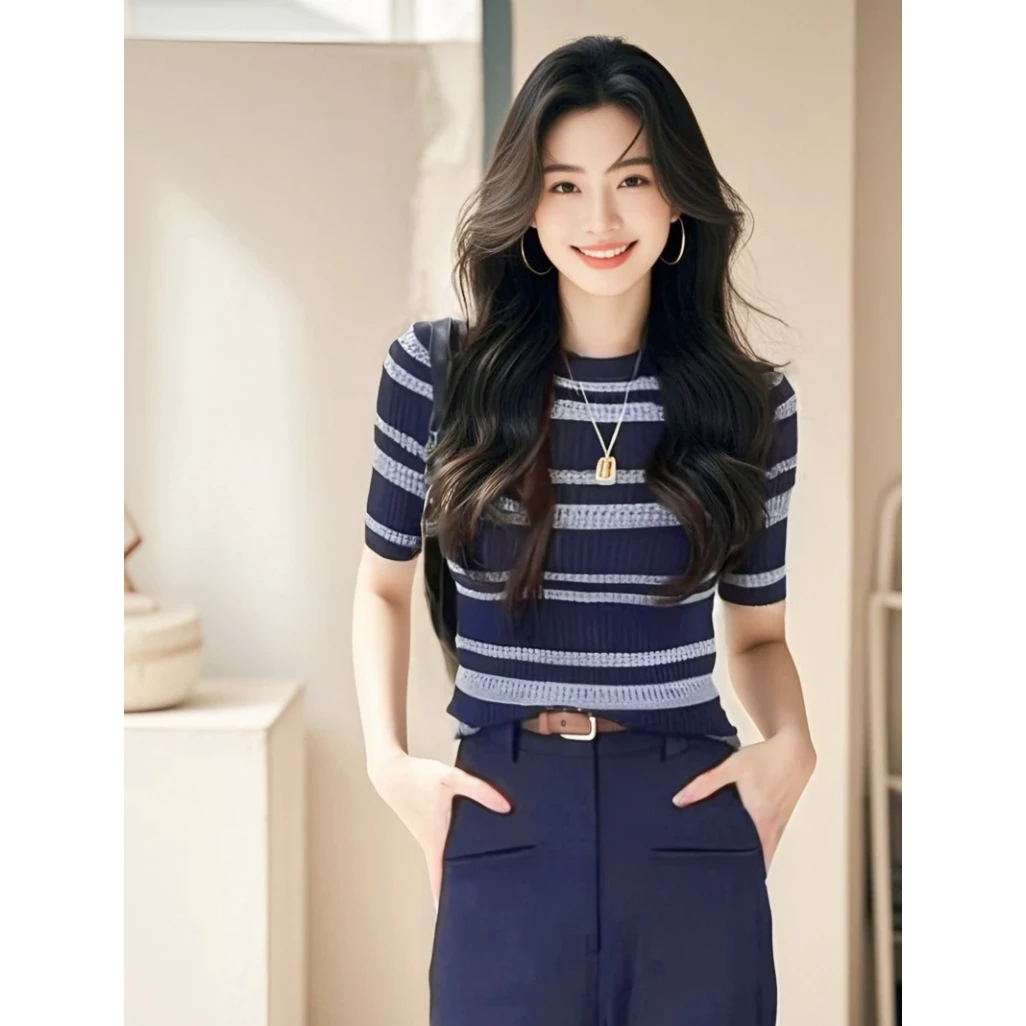 圆领藏青色高级感条纹针织衫短袖T恤女时尚休闲气质套头小衫洋气
