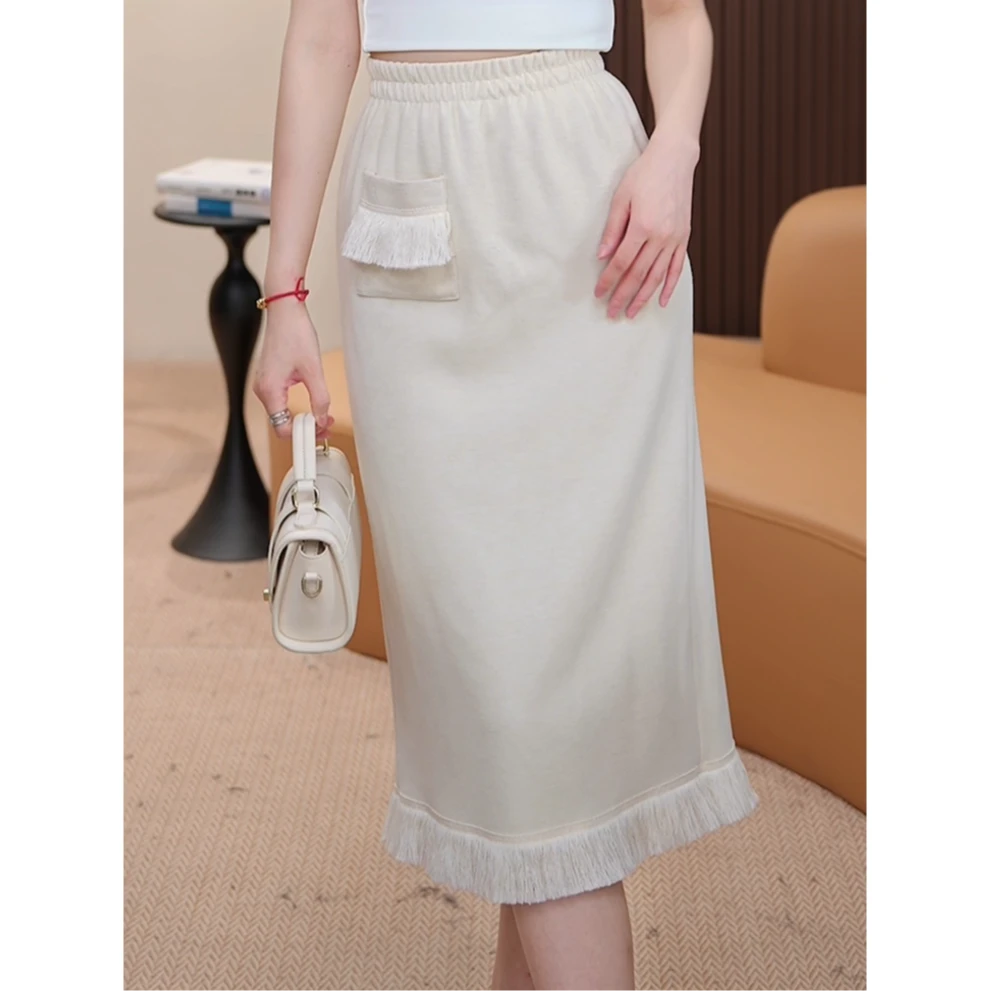 6119秋冬新款法式保暖流苏边微A字直筒加厚针织半身裙