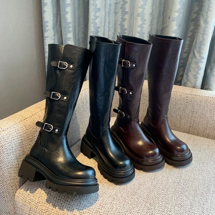 欧美风不过膝长靴设计感皮扣小个子厚底内增高显高显瘦辣妹骑士靴