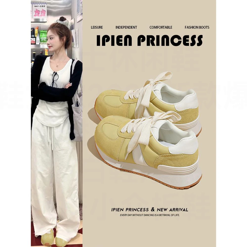 黄色经典德训鞋女2025夏季新款阿甘鞋厚底增高软底百搭休闲运动鞋