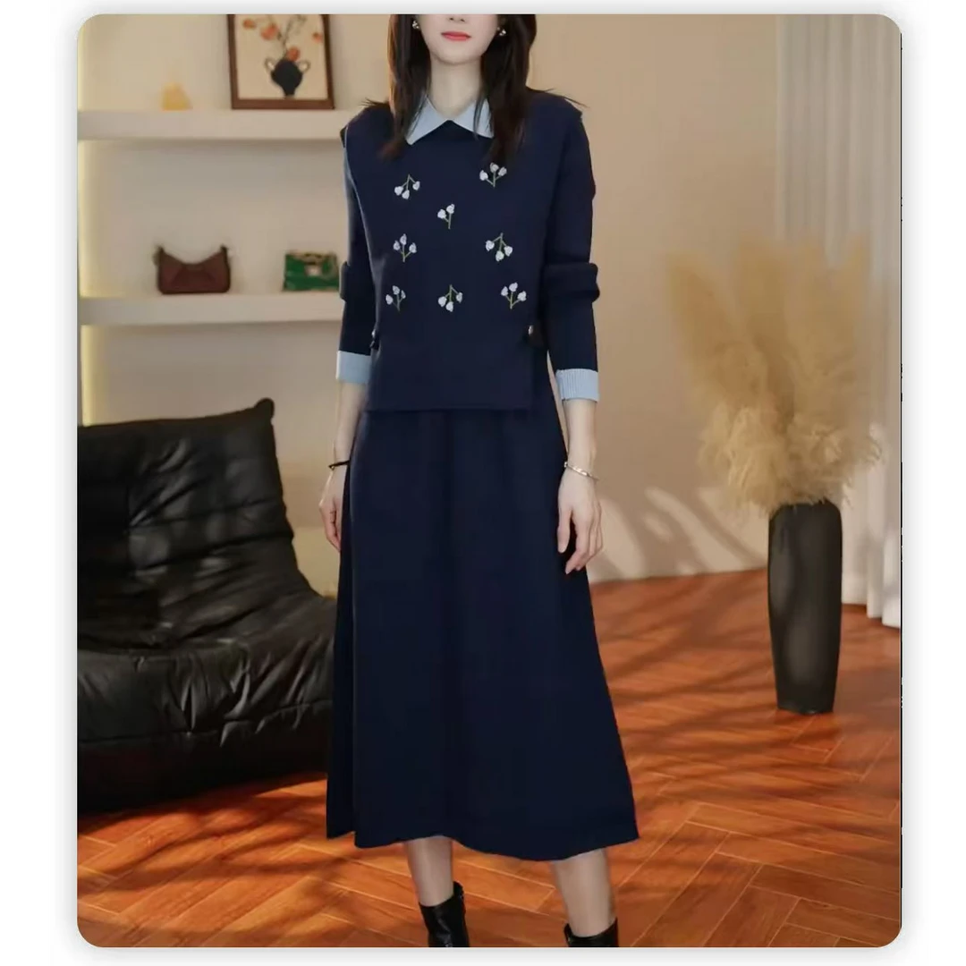 新款两件套翻领针织连衣裙马甲洋气秋冬毛衣两件套装打底L520#