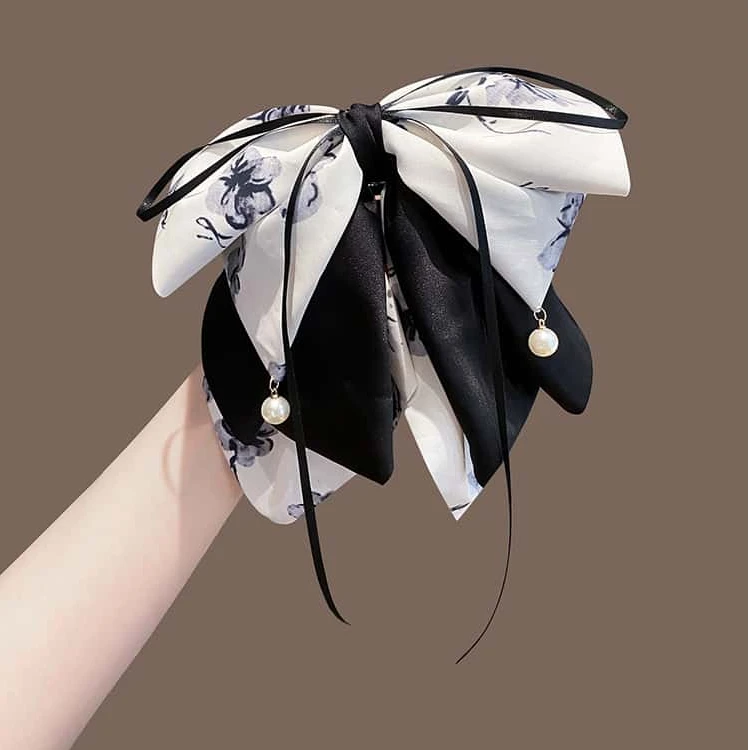 2025新款印花蝴蝶结抓夹女国风气质马尾夹飘带半扎鲨鱼夹汉服头饰