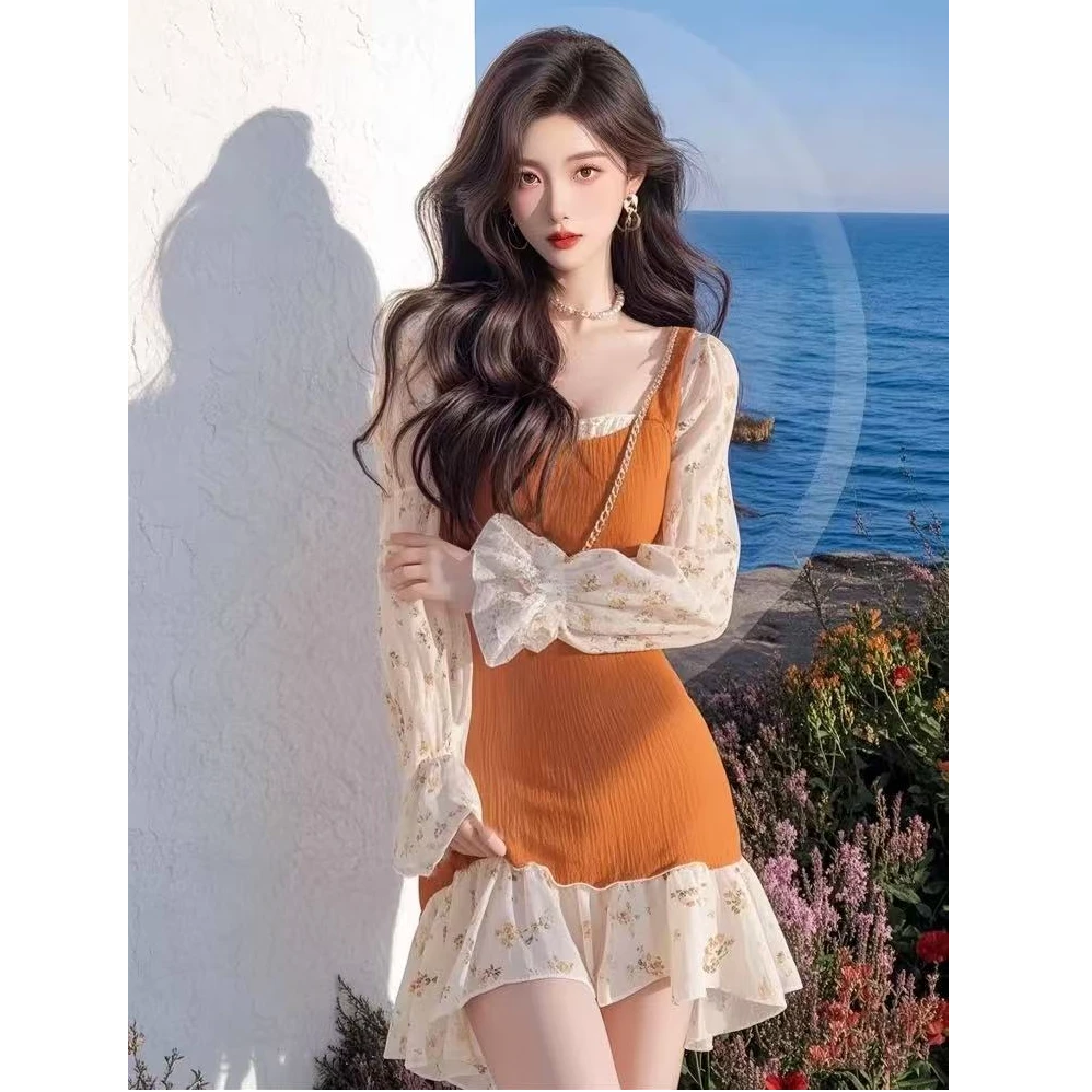 2025春爆款法式掐腰千金高级感气质减龄显瘦橙色假两件连衣裙女装