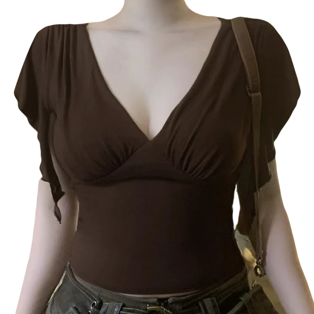 胖mm大码女装性感纯欲辣妹酷飒风女装高级感V领遮肉显瘦短袖上衣