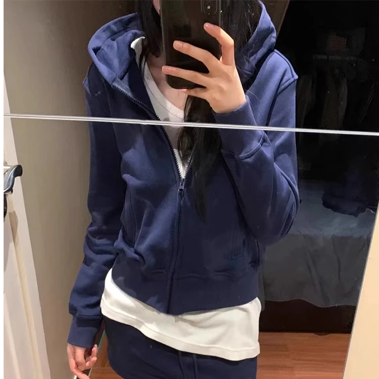 修身短款卫衣外套女春秋款蓝色秋季正肩上衣初秋运动套装连帽开衫